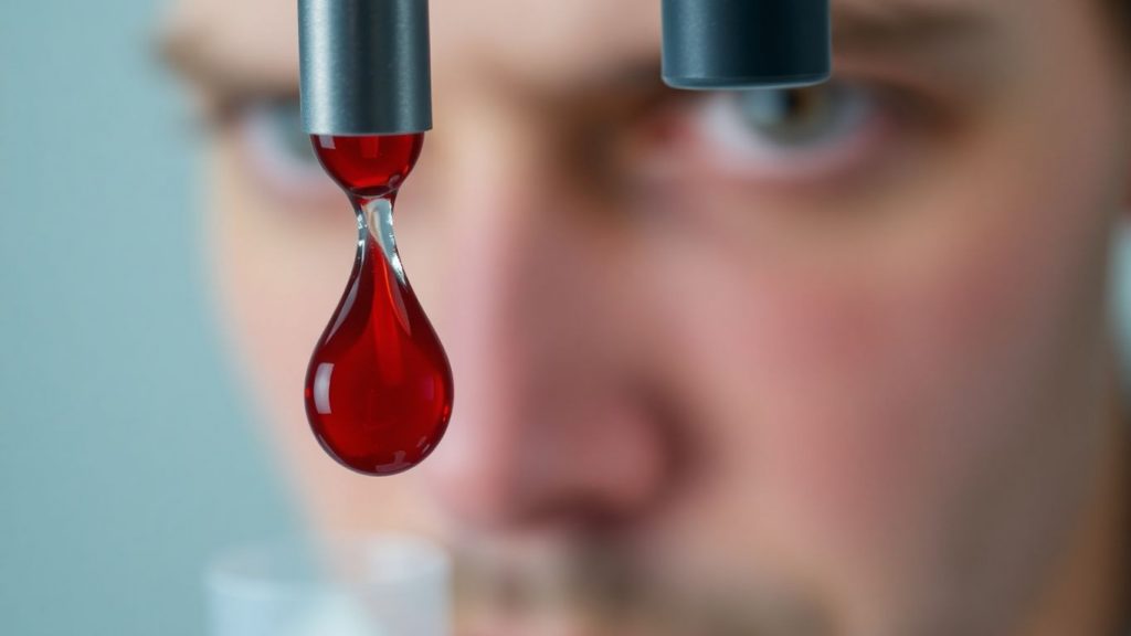 Vércsepp laborban, stresszes emberi arc