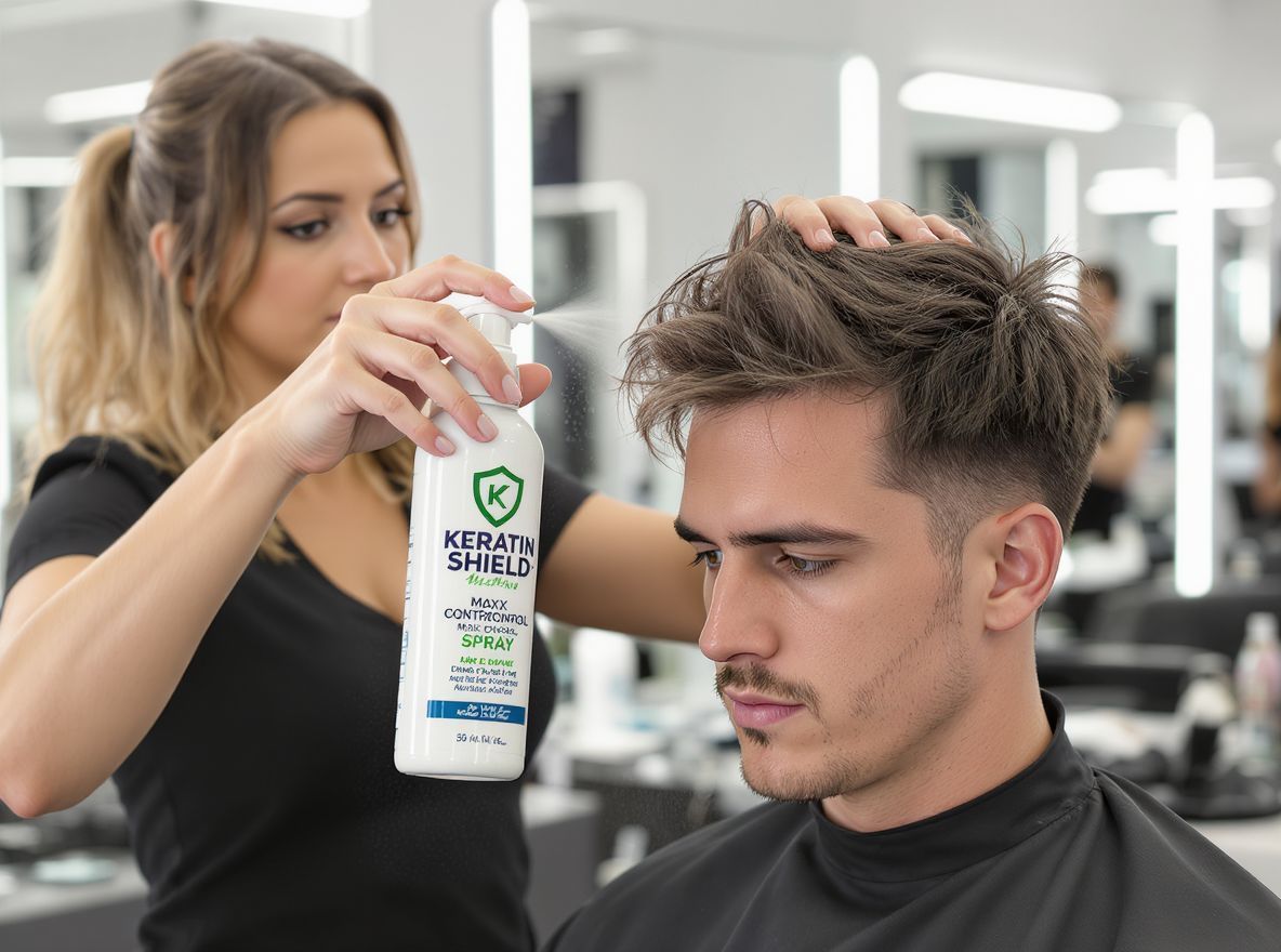A KeratinShield Max Control Spray megakadályozza a hajszálak kiszáradását.