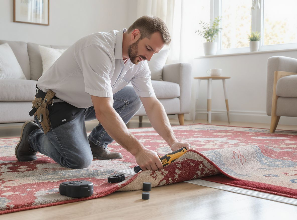 Szakember segít a szőnyeg optimális rögzítésében és biztonságban.