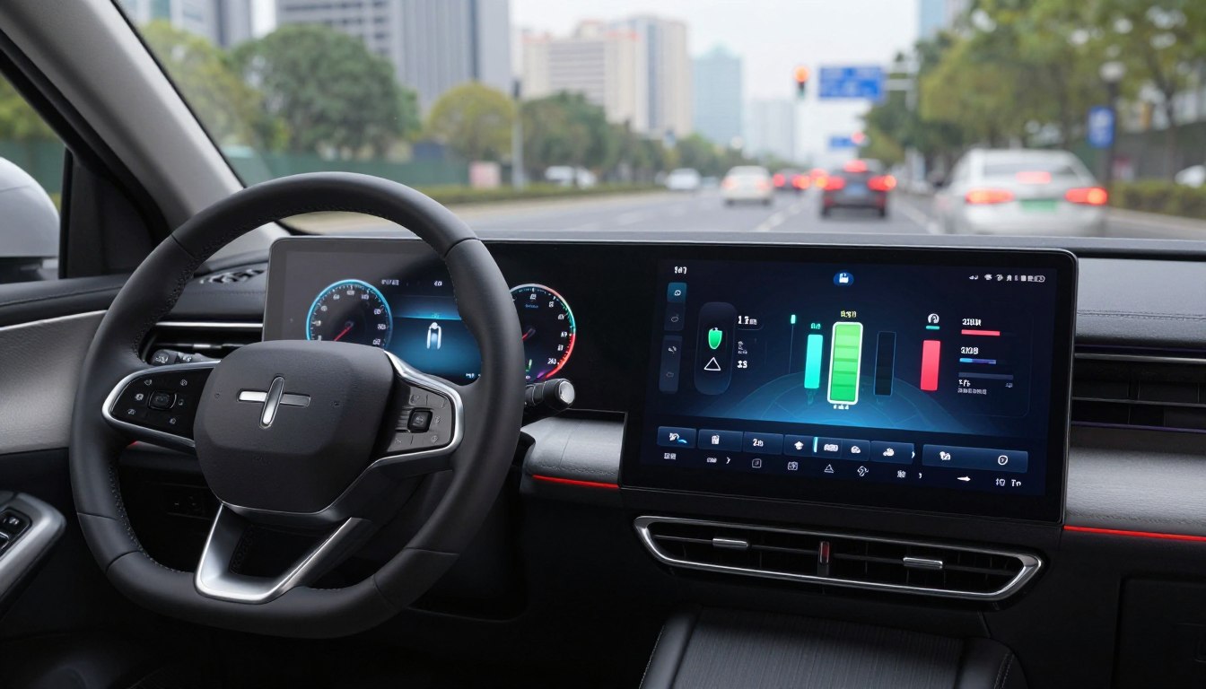 A modern vehicle dashboard displaying a clear representation of start-stop technology in action. In the foreground, focus on a stylish, high-tech dashboard display illuminated with vibrant colors, showing visual indicators for engine status, battery levels, and fuel efficiency through colorful graphics. The middle section features a sleek steering wheel and a high-definition infotainment screen, showcasing dynamic data related to the start-stop system. The background portrays a cityscape through the windshield, with blurred traffic lights and movement indicating urban driving conditions. Soft, natural lighting enhances the technical features, emphasizing a professional, futuristic atmosphere. The overall mood is informative and engaging, suitable for a tech-savvy audience interested in automotive innovations.