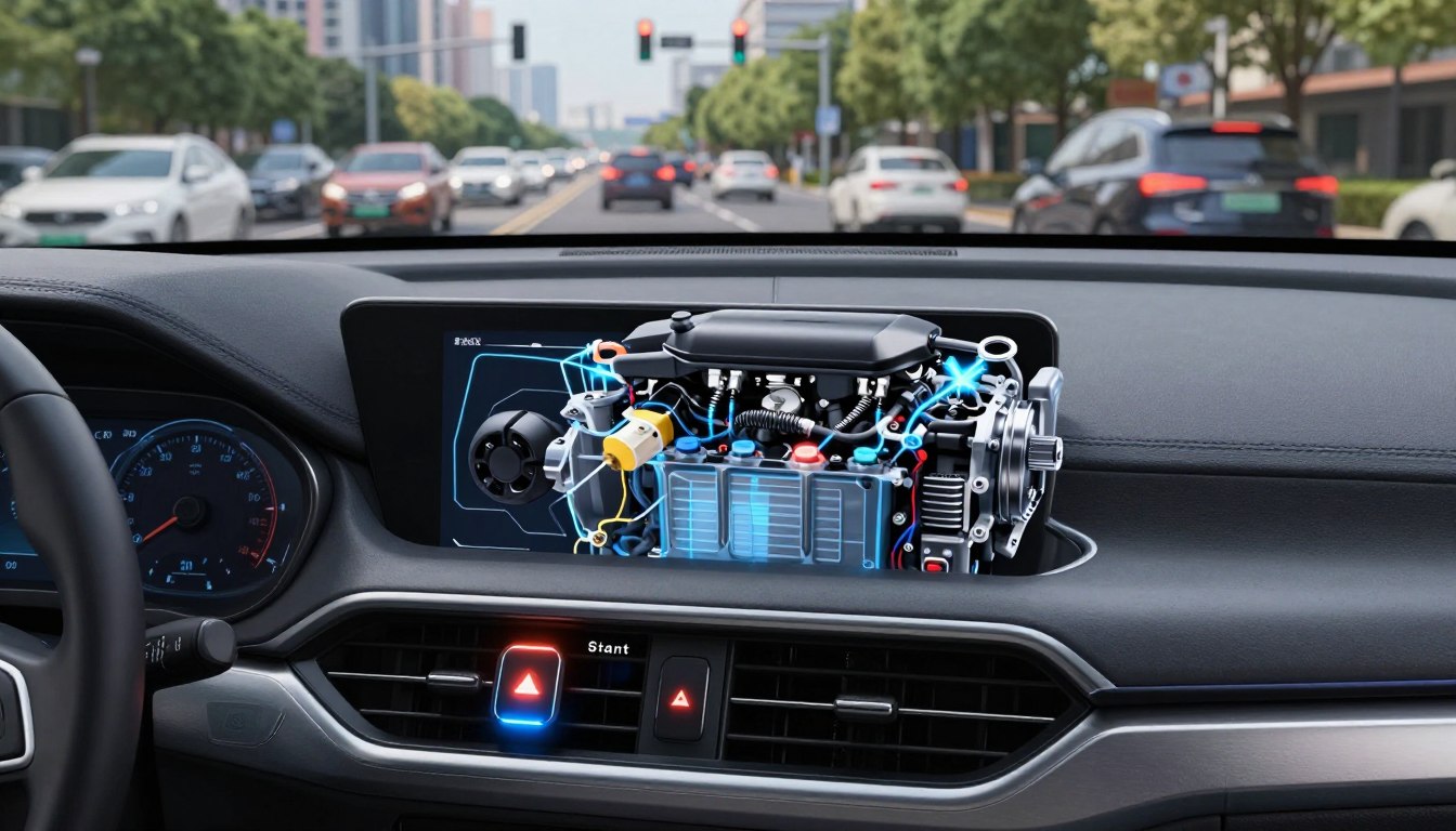 A detailed illustration of a start-stop system, showcasing its functionality within a modern vehicle. In the foreground, a sleek, futuristic dashboard with illuminated control buttons and an animated display, highlighting the start-stop system activation. In the middle ground, a car engine with transparent panels revealing intricate components, like a battery and alternator, demonstrating the technology behind the system. The background features a busy urban setting with traffic lights, stop-and-go vehicles, and trees, suggesting the context of city driving. The scene is brightly lit, emulating natural daylight, capturing the essence of innovation and efficiency. Emphasize a clear, technical aesthetic with a focus on clarity and understanding, without any text or distractions.