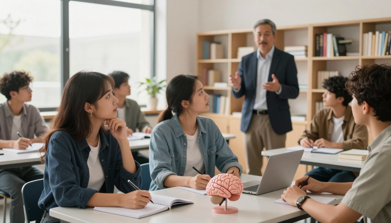A diverse group of students engaged in a psychology training session in a bright, modern classroom. In the foreground, a thoughtful young woman wearing smart casual attire takes notes while looking at a model of the human brain on the table. In the middle ground, an instructor, a middle-aged man in a blazer, passionately discusses psychological concepts, gesturing with his hands. Behind them, shelves filled with psychology books and research materials create an academic atmosphere. The lighting is warm and inviting, coming from large windows that fill the room with natural light. The mood is enthusiastic and inspiring, reflecting the journey towards becoming a psychologist. The angle captures both the students' engagement and the instructor's charisma, emphasizing collaboration and learning.
