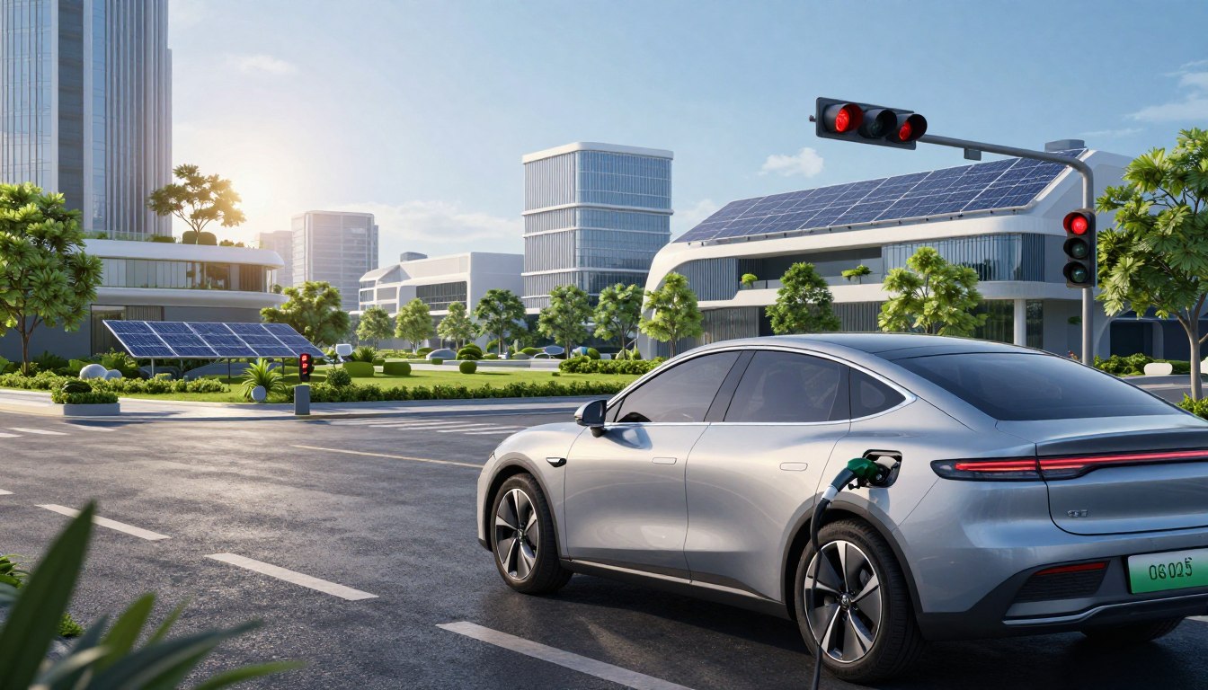 A futuristic city scene showcasing the benefits of fuel savings through a start-stop engine system. In the foreground, highlight a sleek, modern car stopped at a red light, its engine visibly turned off with a digital display showing fuel savings statistics. In the middle ground, display a dynamic urban environment with energy-efficient buildings, solar panels, and lush greenery showing eco-friendliness. The background should feature a clear blue sky, symbolizing a clean atmosphere. Use soft, natural lighting to create a hopeful and innovative mood, with the sun casting gentle rays that illuminate the car and its surroundings. The angle should be slightly elevated to capture the entire scene and emphasize the car's role in sustainable urban life.