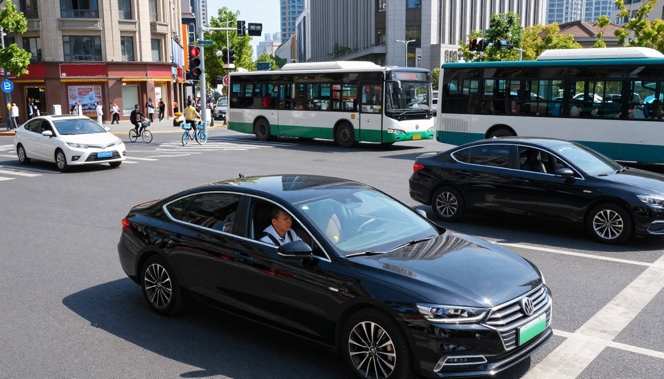 A modern city intersection during daylight, showcasing the use of start-stop technology in vehicles. In the foreground, a sleek black sedan comes to a stop at a red light, its engine silent, with the driver—a middle-aged man in smart casual clothing—calmly waiting. The middle ground features other vehicles, including buses and bicycles, all displaying stop-start systems in action. The background presents a bustling urban landscape, with shops, pedestrians, and tall buildings shimmering under clear blue skies. Sunlight creates dynamic reflections on the cars' surfaces, enhancing the vibrancy of the scene. The mood is energetic yet orderly, capturing the essence of efficient urban driving and the benefits of the start-stop system.